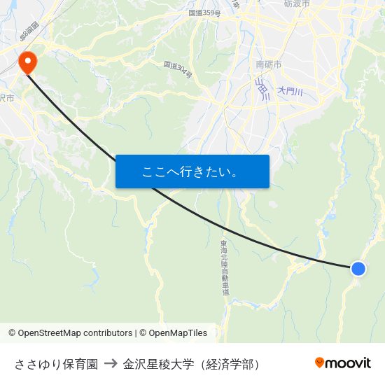 ささゆり保育園 to 金沢星稜大学（経済学部） map