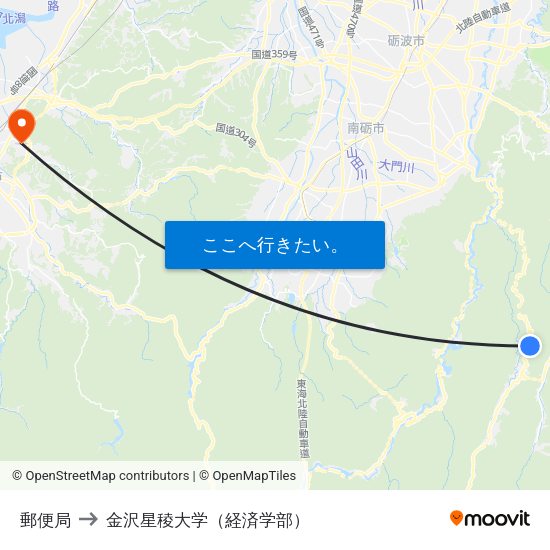 郵便局 to 金沢星稜大学（経済学部） map