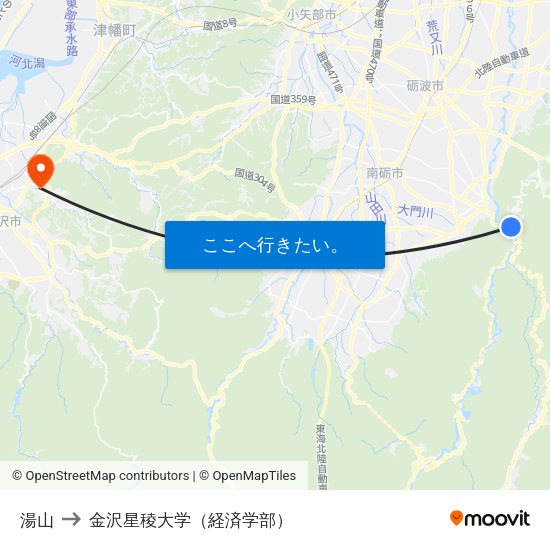 湯山 to 金沢星稜大学（経済学部） map