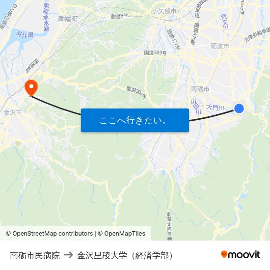 南砺市民病院 to 金沢星稜大学（経済学部） map