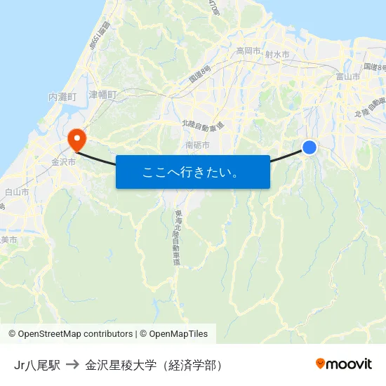 Jr八尾駅 to 金沢星稜大学（経済学部） map