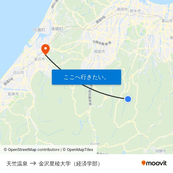 天竺温泉 to 金沢星稜大学（経済学部） map