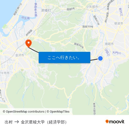 出村 to 金沢星稜大学（経済学部） map