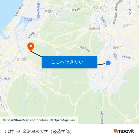 出村 to 金沢星稜大学（経済学部） map