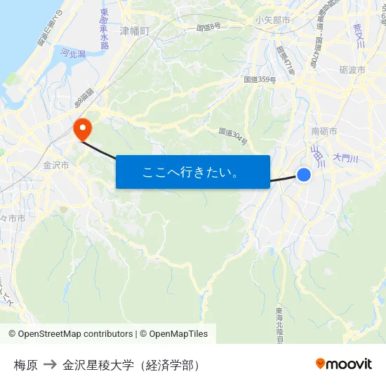 梅原 to 金沢星稜大学（経済学部） map