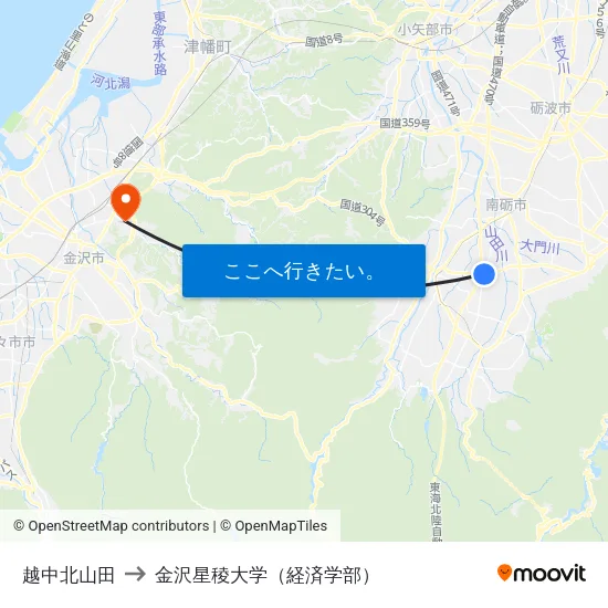 越中北山田 to 金沢星稜大学（経済学部） map