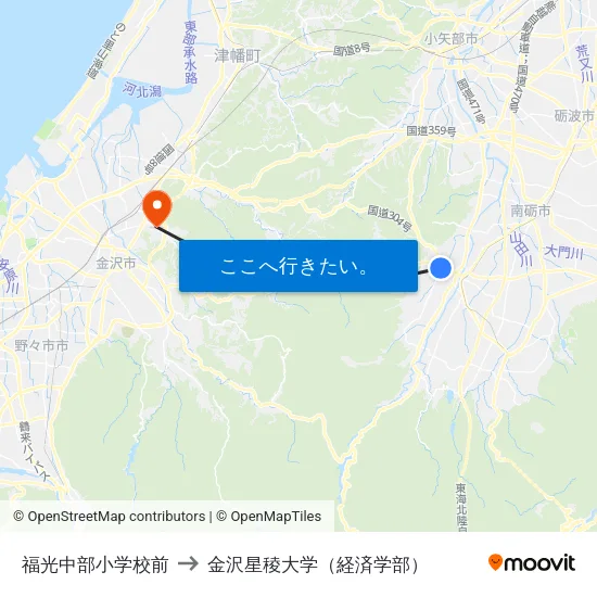 福光中部小学校前 to 金沢星稜大学（経済学部） map