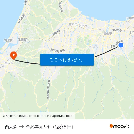 西大森 to 金沢星稜大学（経済学部） map