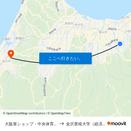 大阪屋ショップ・中央体育センター to 金沢星稜大学（経済学部） map