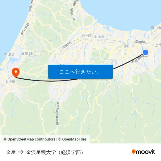 金屋 to 金沢星稜大学（経済学部） map