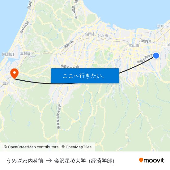 うめざわ内科前 to 金沢星稜大学（経済学部） map
