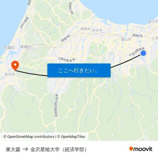 東大森 to 金沢星稜大学（経済学部） map