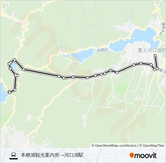 本栖湖観光案内所発  河口湖駅方面行き バスの路線図
