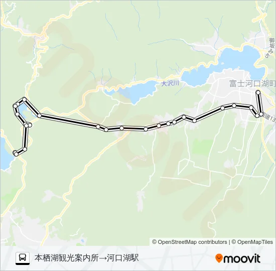 本栖湖観光案内所発  河口湖駅方面行き Bus Line Map