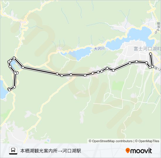 本栖湖観光案内所発  河口湖駅方面行き bus Line Map