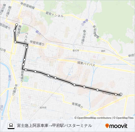富士急上阿原車庫発  甲府駅バスターミナル方面行き バスの路線図