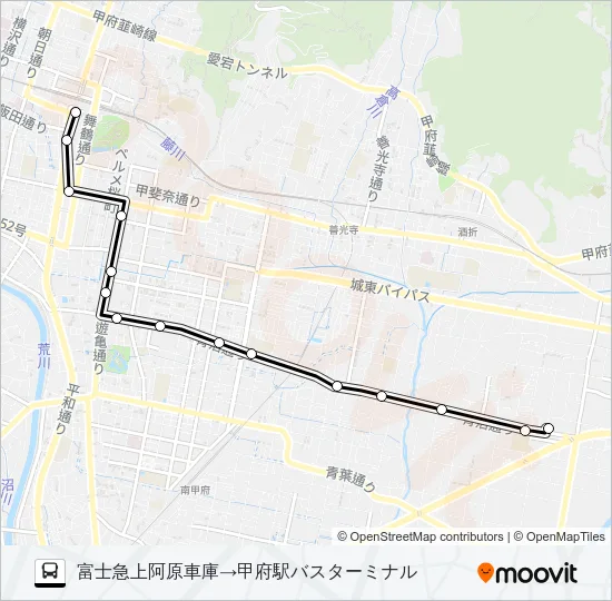 富士急上阿原車庫発  甲府駅バスターミナル方面行き Bus Line Map