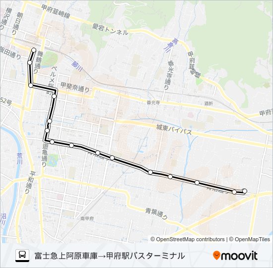 富士急上阿原車庫発  甲府駅バスターミナル方面行き バスの路線図