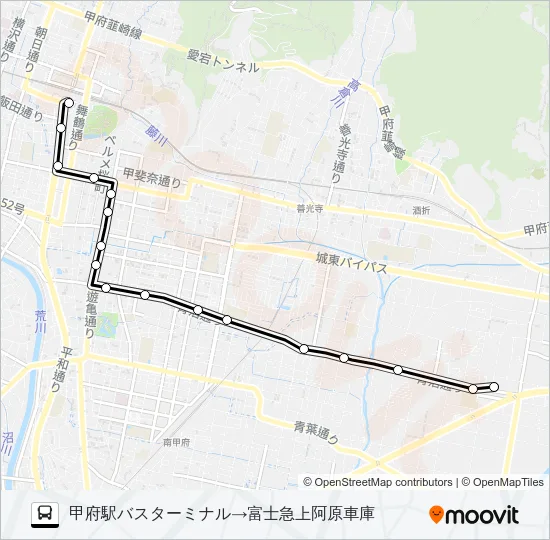 甲府駅バスターミナル発 富士急上阿原車庫方面行 Bus Line Map