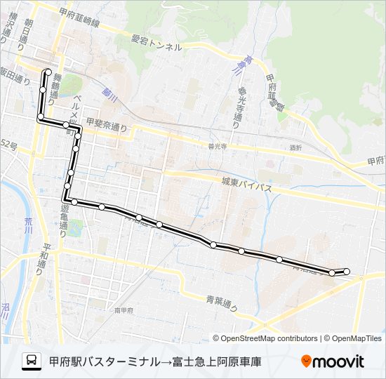 甲府駅バスターミナル発 富士急上阿原車庫方面行 バスの路線図