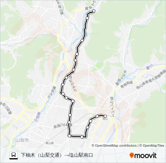 下柚木発市民病院・塩山駅行き バスの路線図