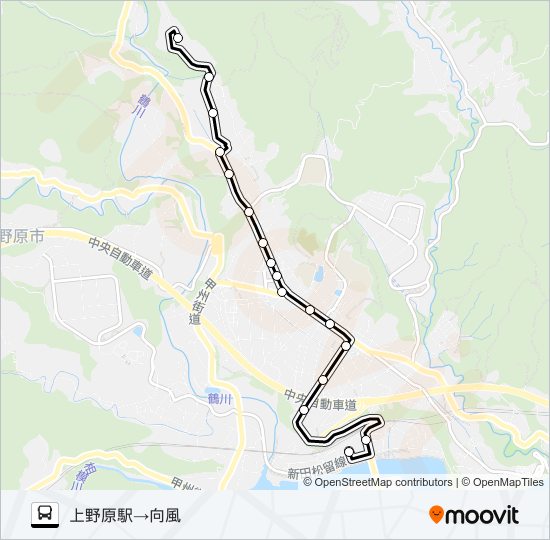 上野原駅発  向風方面行き バスの路線図