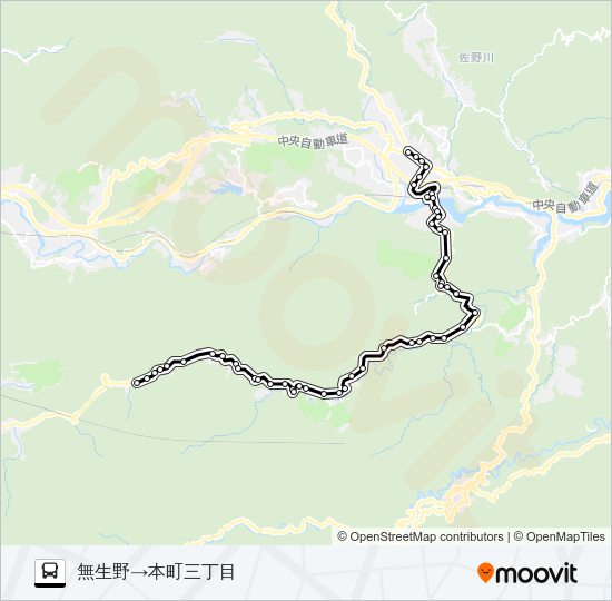 無生野発  本町三丁目方面行き バスの路線図