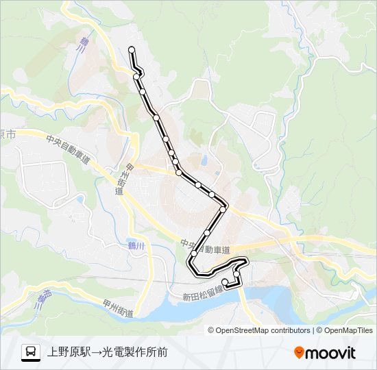 上野原駅発  光電製作所方面行き Bus Line Map