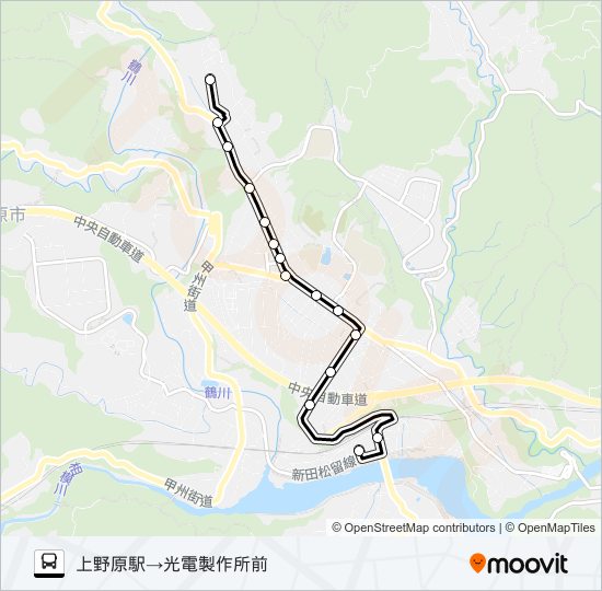 上野原駅発  光電製作所方面行き バスの路線図