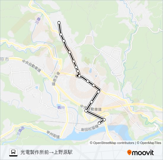 光電製作所発  上野原駅方面行き Bus Line Map
