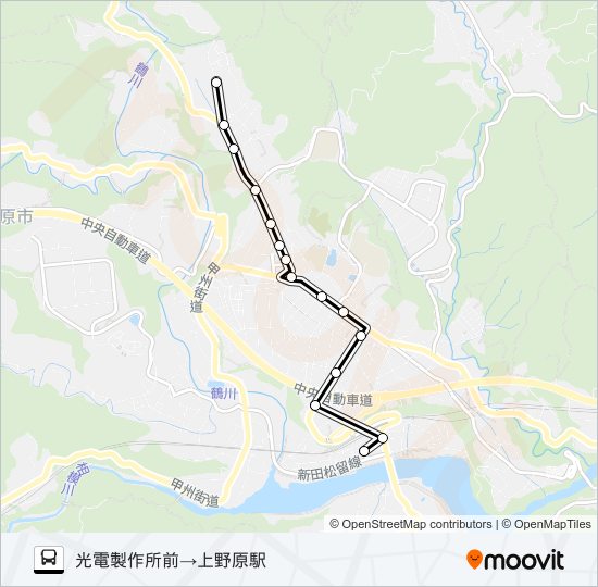 光電製作所発  上野原駅方面行き バスの路線図