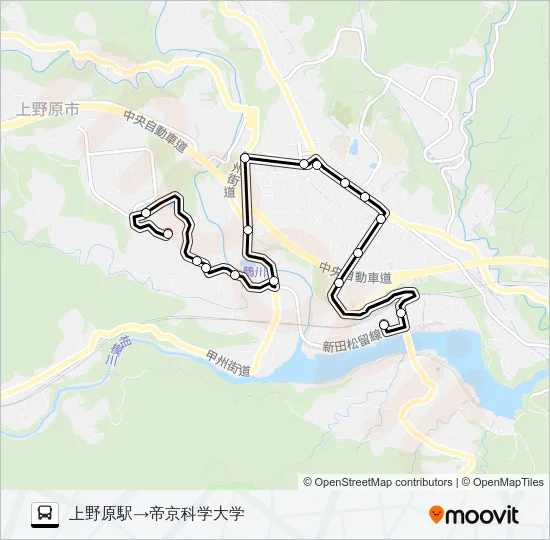 上野原駅発  帝京科学大学方面行き バスの路線図