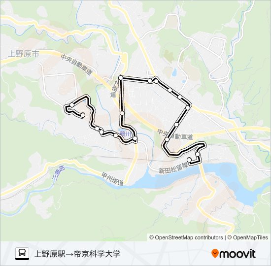 上野原駅発  帝京科学大学方面行き バスの路線図