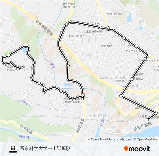 帝京科学大学発  上野原駅方面行き Bus Line Map