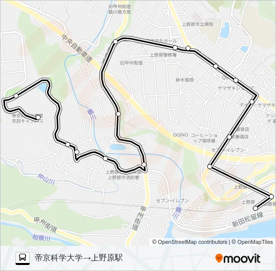 帝京科学大学発  上野原駅方面行き Bus Line Map