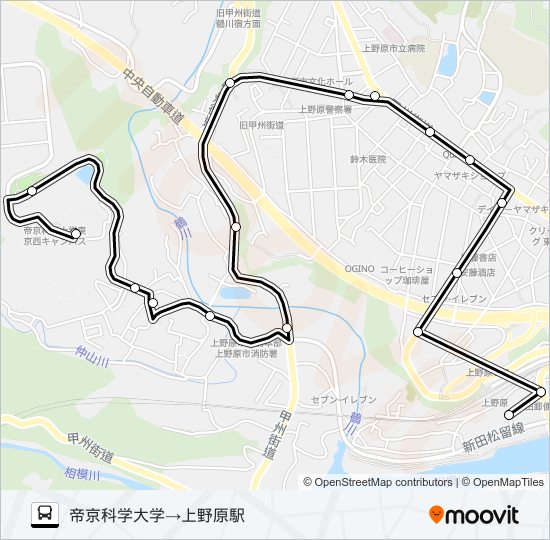 帝京科学大学発  上野原駅方面行き バスの路線図