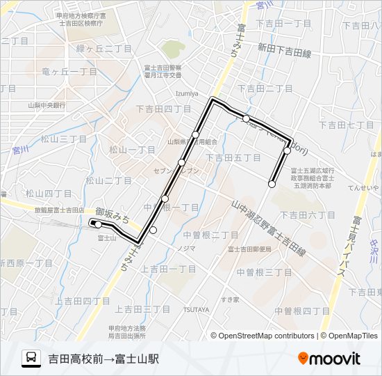 吉田高校前発  富士山駅方面行き バスの路線図