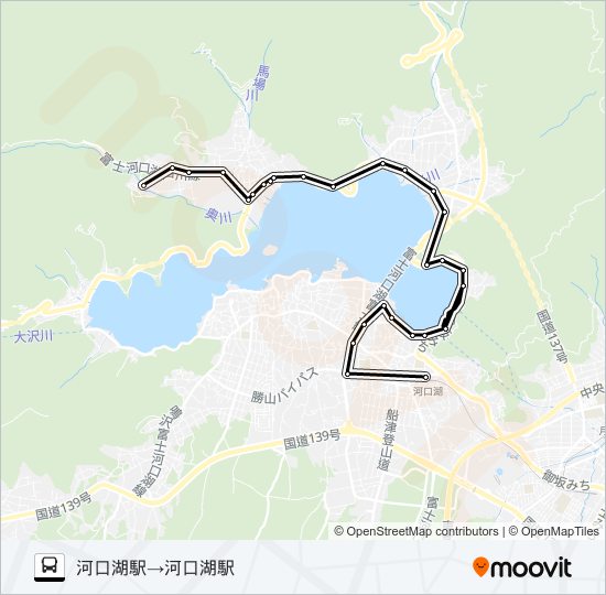 河口湖駅発  プチペンション村方面行き バスの路線図