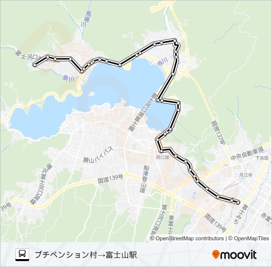 プチペンション村発  富士山駅６番線方面行き バスの路線図