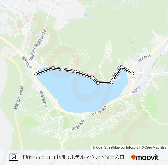 山中湖平野発  富士山山中湖（ホテルマウント富士入口）方面行き バスの路線図