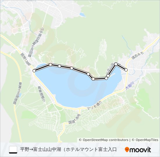 山中湖平野発  富士山山中湖（ホテルマウント富士入口）方面行き バスの路線図