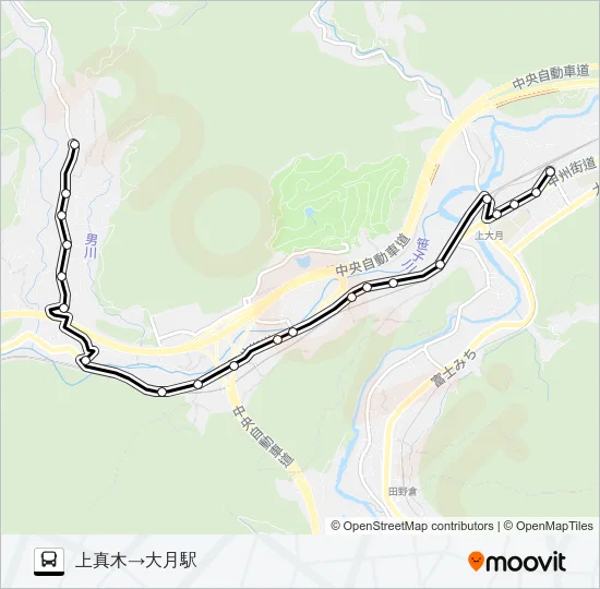 上真木発  大月駅方面行き バスの路線図