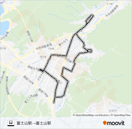 富士吉田市内循環　上暮地･明見循環循環　左回り バスの路線図