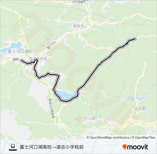 富士河口湖高校発　道志小学校方面行き バスの路線図