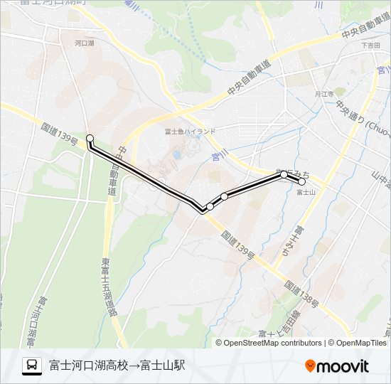 富士河口湖高校発　富士山駅方面行き Bus Line Map