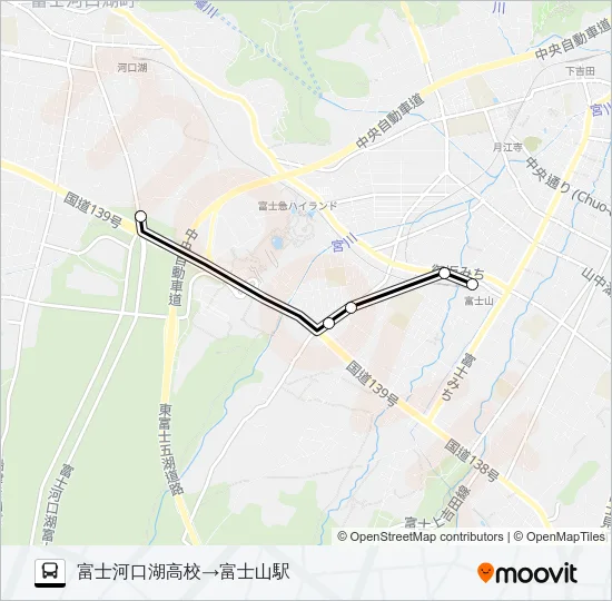 富士河口湖高校発　富士山駅方面行き Bus Line Map