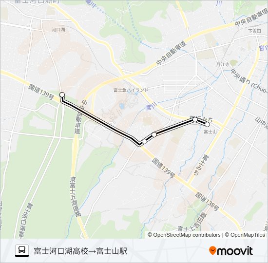 富士河口湖高校発　富士山駅方面行き バスの路線図