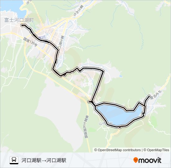 河口湖駅発  石割の湯方面行き バスの路線図