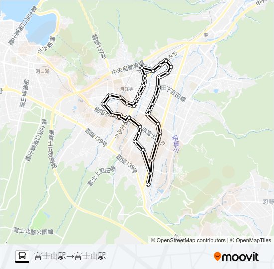 富士吉田市内循環　中央循環　右回り Bus Line Map
