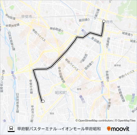 甲府駅バスターミナル発  イオンモール甲府昭和方面行き バスの路線図